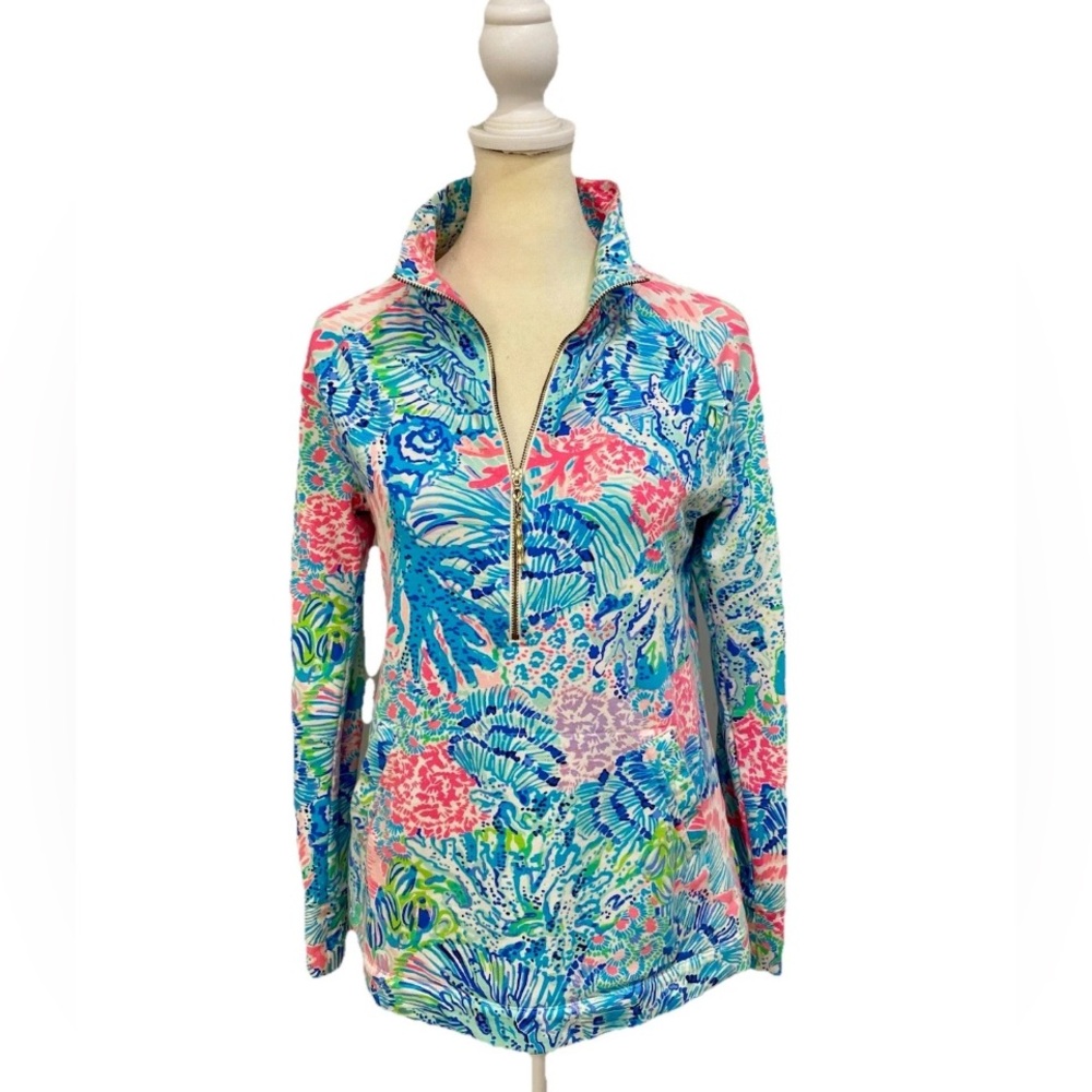 Lilly Pulitzer Skipper Popover Blue Pink Coral Print With Zipper Pull Size Small